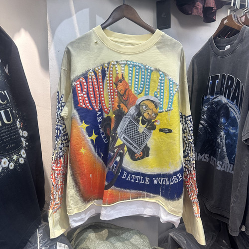 美潮ROUGHPLAY复古印花高街潮流动漫风摇滚宽松休闲圆领男长袖t恤