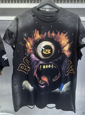 2025美式潮牌RoughPlay复古做旧洗水破洞卷边烫钻男女休闲短袖T恤