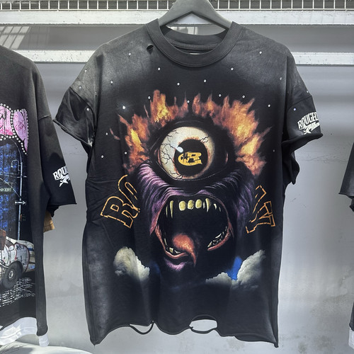 2025美式潮牌RoughPlay复古做旧洗水破洞卷边烫钻男女休闲短袖T恤