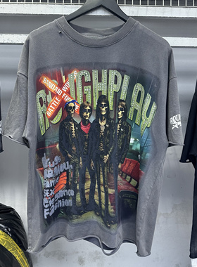 2025美式潮牌RoughPlay复古做旧洗水破洞骷髅头烫钻宽松短袖T恤