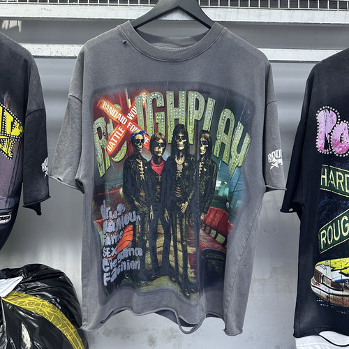 2025美式潮牌RoughPlay复古做旧洗水破洞骷髅头烫钻宽松短袖T恤