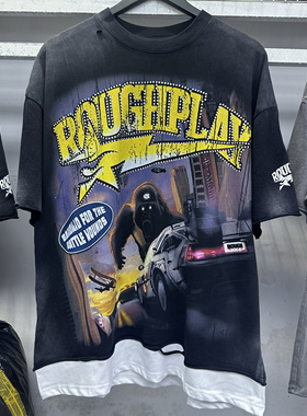 2025美式潮牌RoughPlay复古做旧洗水破洞卷边烫钻金刚嘻哈短袖T恤