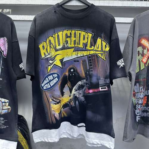 2025美式潮牌RoughPlay复古做旧洗水破洞卷边烫钻金刚嘻哈短袖T恤