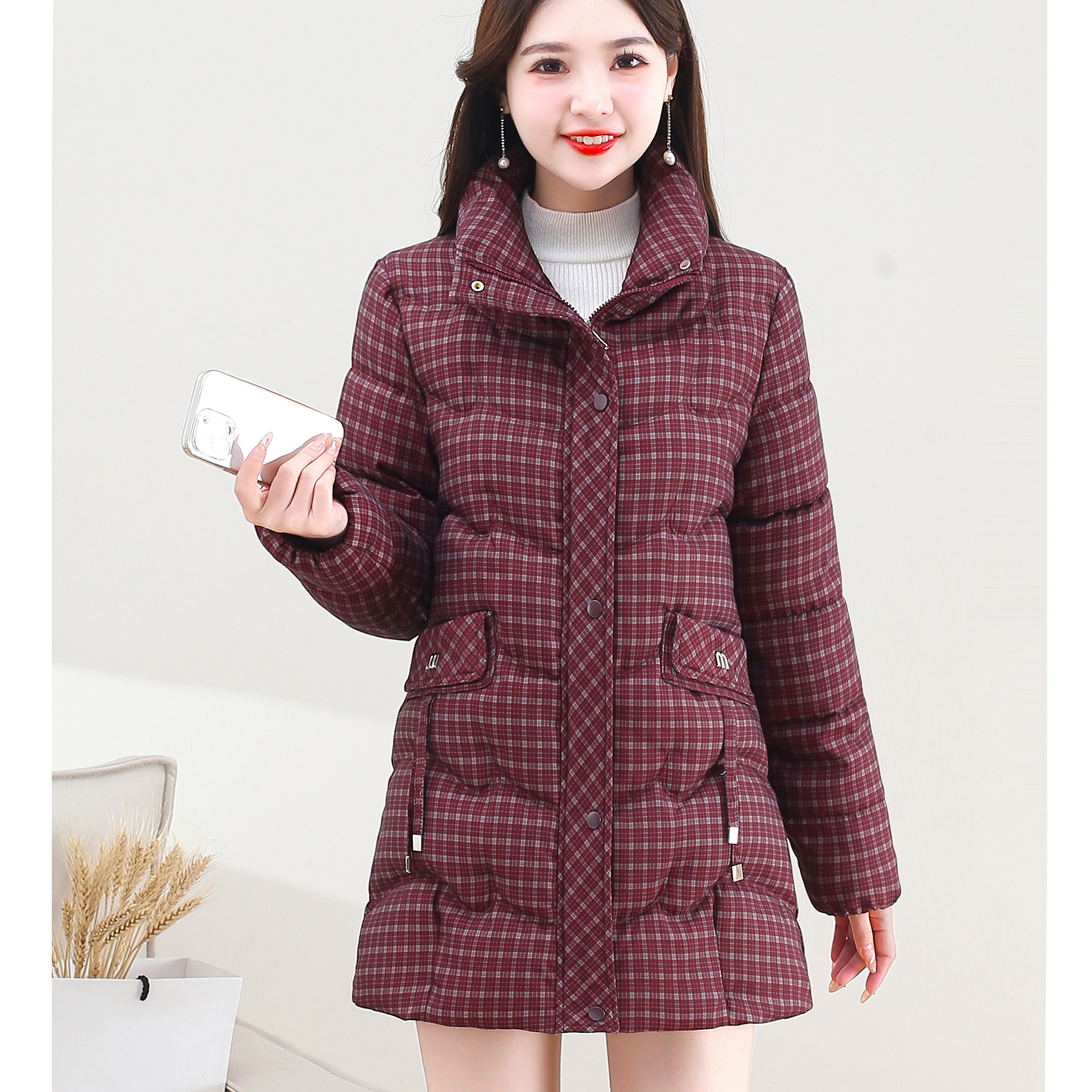 2025时尚格子羽絨棉服女冬季新款洋气修身立领中长款保暖棉衣外套