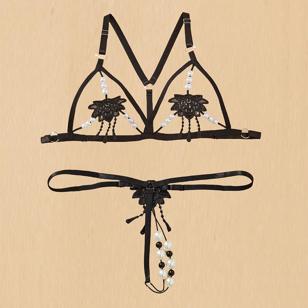 欧美亲趣内衣内裤套装三点式丁字裤性感火辣勒阴露双排珠按摩禁欲