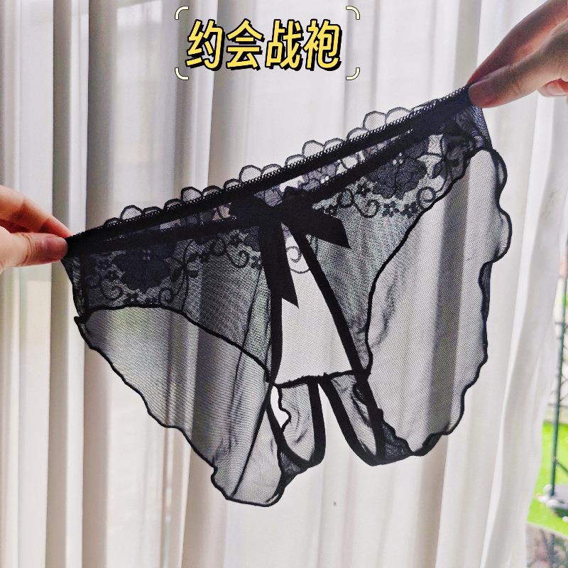女士内裤全透明蕾丝纱网三角裤超薄中腰透气裸感诱惑蝴蝶结内裤头