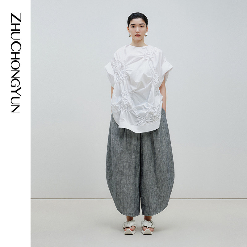 ZHUCHONGYUN秋季时尚纱线提花配腰带棉麻宽松茧型裤长裤子,女装/女士精品,休闲裤,淘宝优惠券,粉丝福利购,淘宝优惠卷