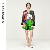 ZHUCHONGYUN2025冬新款 花稿廓形上衣V领剪裁拼接袖 口女