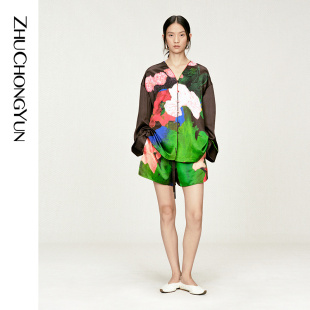 ZHUCHONGYUN2025冬新款 口女 花稿廓形上衣V领剪裁拼接袖