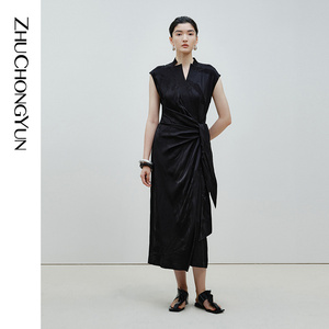 【新中式】ZHUCHONGYUN夏季黑色提花斜门襟系带修身连衣裙