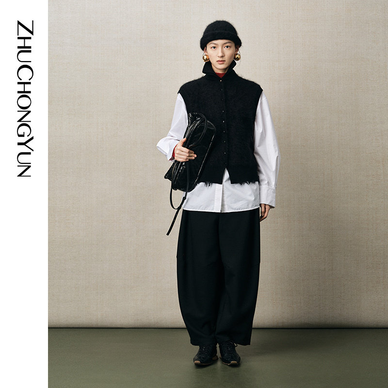 ZHUCHONGYUN2025冬新款东方立领针织山羊绒毛边马甲直身剪裁上衣,女装/女士精品,毛针织衫,淘宝优惠券,粉丝福利购,淘宝优惠卷