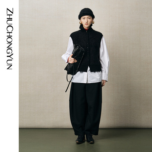 ZHUCHONGYUN2025冬新款 东方立领针织山羊绒毛边马甲直身剪裁上衣