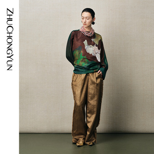 花稿宽袖 东方中式 ZHUCHONGYUN2025冬新款 圆领上衣 釉冬翠影