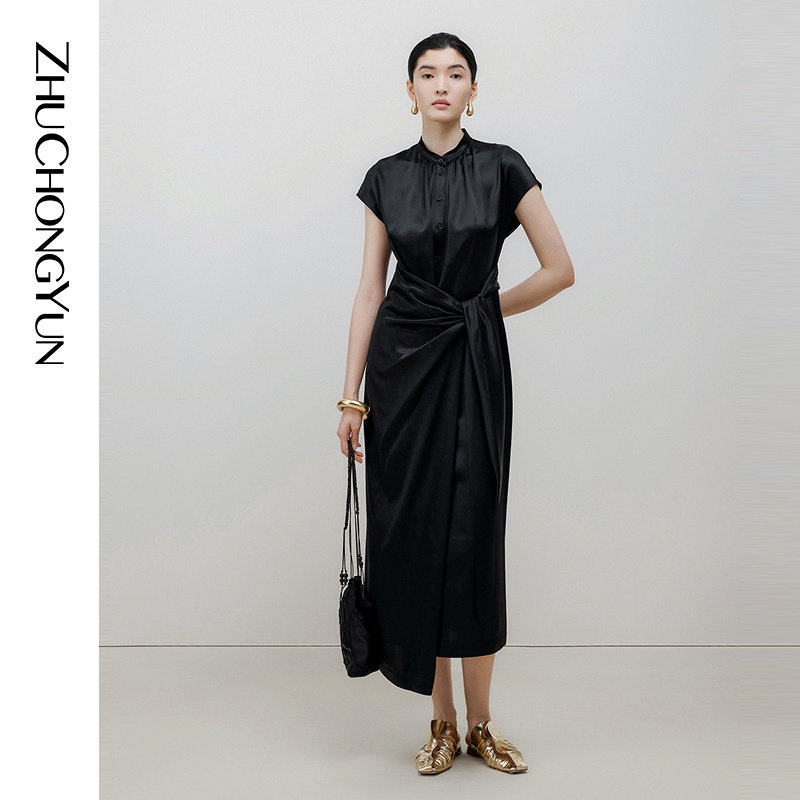 【天猫臻选】ZHUCHONGYUN夏季新中式褶皱绑带设计连衣裙