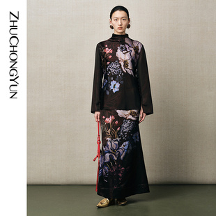 A型鱼尾裙霜花半裙印花长裙 ZHUCHONGYUN2025冬新款 花语霜色