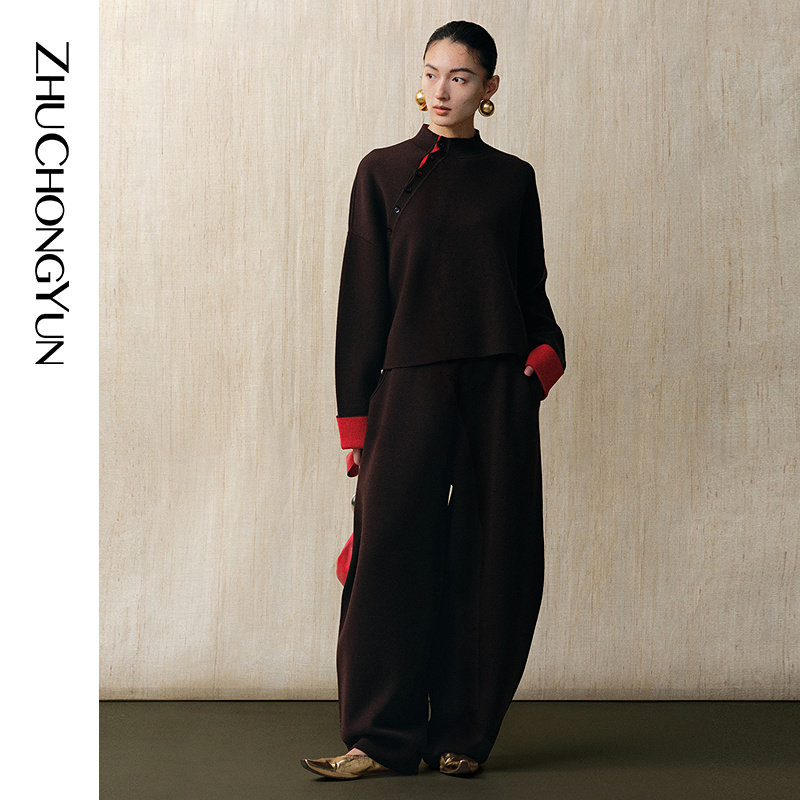 ZHUCHONGYUN2025春新款双面提织宽松茧型抽绳收脚羊毛针织长裤子
