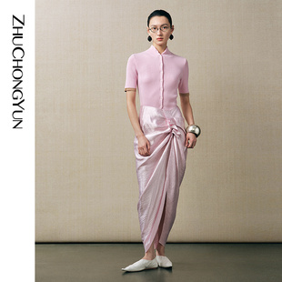 开衫 ZHUCHONGYUN2025秋新款 粉色轻柔简约立领重工开襟针织短袖