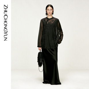 斜门襟海浪花边刺绣衬衫 ZHUCHONGYUN2026春新款 蚕丝欧根纱