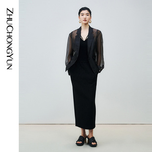 半身裙 ZHUCHONGYUN2025秋新款 黑色时尚 简约抽绳腰带修身 中长款