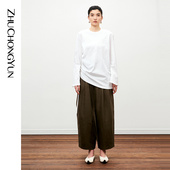 宽松长裤 ZHUCHONGYUN秋季 亚麻绑带休闲裤