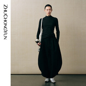 剪裁圆领收腰抽褶长袖 ZHUCHONGYUN2025秋新款 东方极简修身 上衣