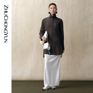 上衣 衬衫 ZHUCHONGYUN春新款 花卉图案棕色宽松落肩直身中式