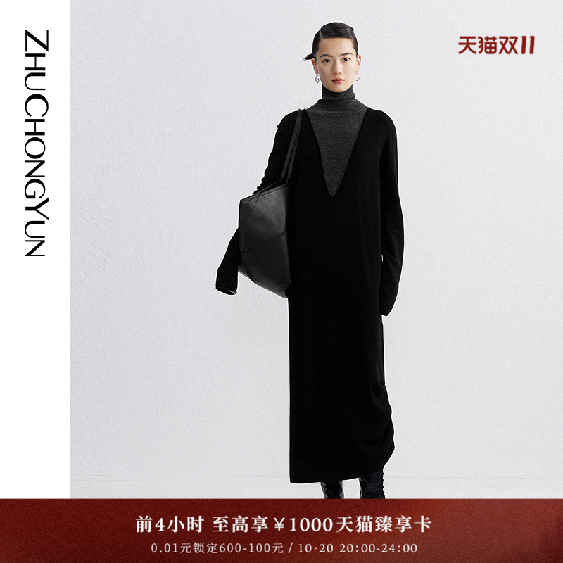 ZHUCHONGYUN冬季新中式长裙灰黑色宽松长款羊毛针织连衣裙