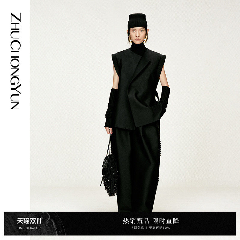 ZHUCHONGYUN2026春新款黑色极简东方廓形绵羊毛呢收腰马甲外套