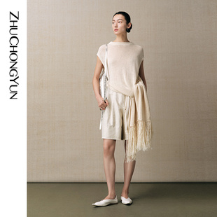 不规则麻竹节腰绳设计及膝宽松短裤 ZHUCHONGYUN2025夏新款
