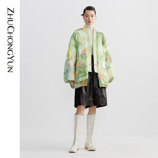 ZHUCHONGYUN秋冬苍绿晕染印花廓形白鹅绒羽绒服 对襟 新中式