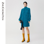 复古孔雀蓝丝绒长款 时尚 ZHUCHONGYUN冬季 高领连衣裙 粉丝专享