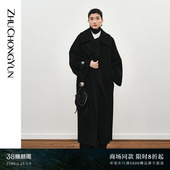 ZHUCHONGYUN冬季 宽松翻领叠襟黑色绵羊毛骆驼绒双面呢大衣