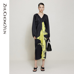 【6A级桑蚕丝】ZHUCHONGYUN秋季两穿连衣裙真丝印花礼服裙