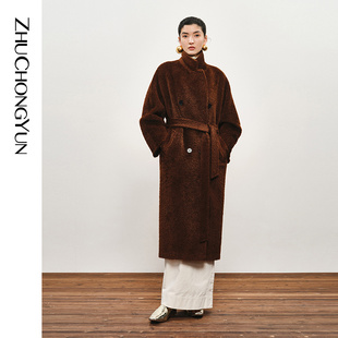 ZHUCHONGYUN秋季 毛羽肌理宽松直身配腰带羊毛混纺大衣外套