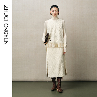 ZHUCHONGYUN2025冬新款 流苏上衣提花肌理背心 圆领无袖