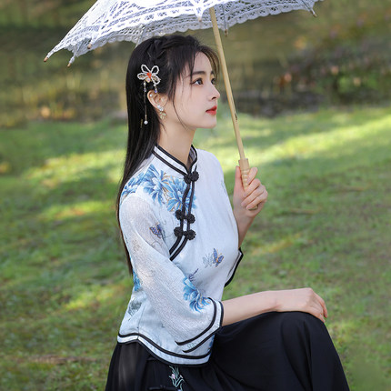 改良旗袍2025年新款透气浅蓝色水墨画民族风立领日常斜襟年轻少女