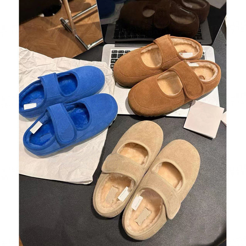 正品魔术贴毛毛拖鞋女秋冬新款厚底加绒加厚保暖百搭玛丽珍棉鞋子