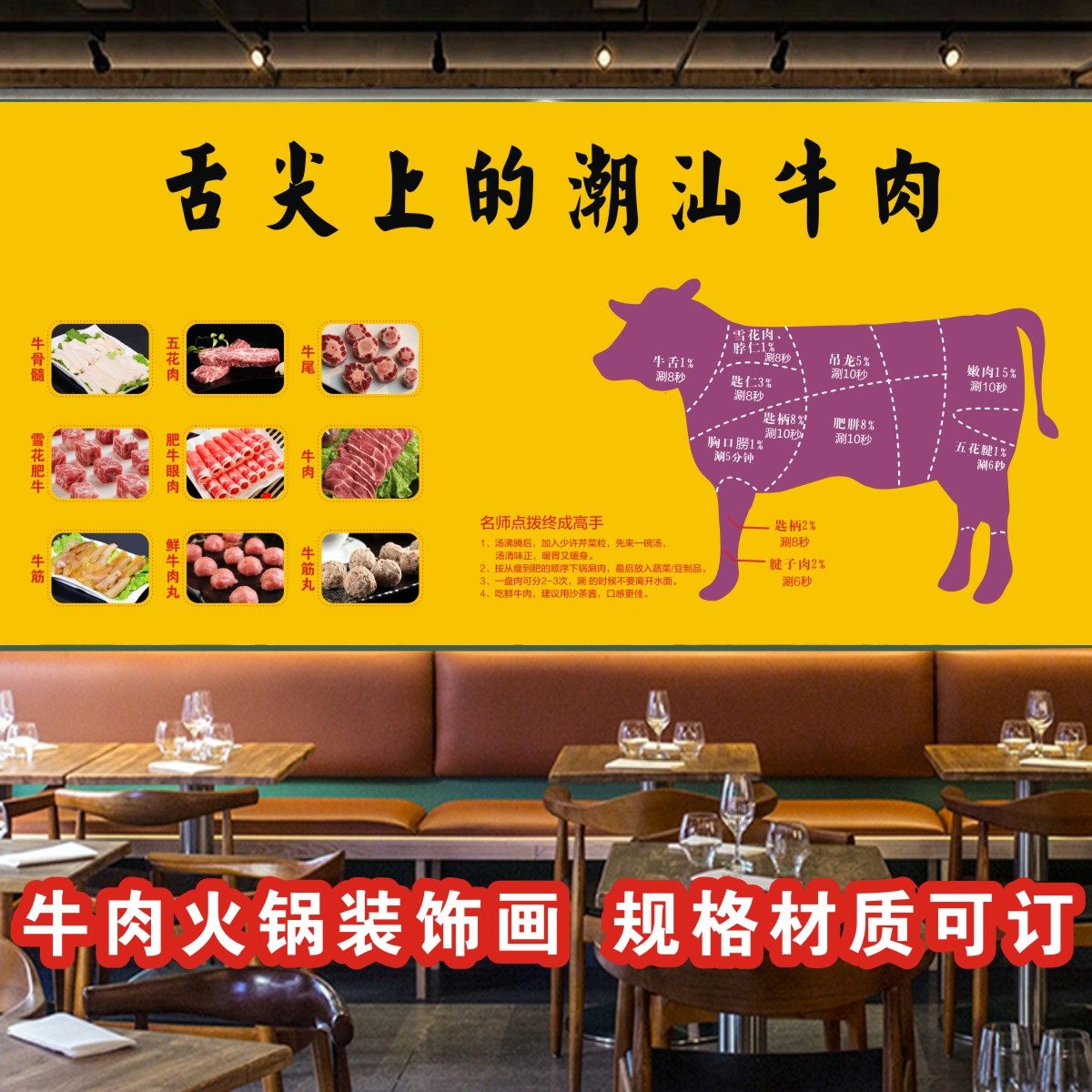 牛肉馆背景墙纸分割部位图牛杂壁画潮汕火锅店墙面装饰画壁纸1981