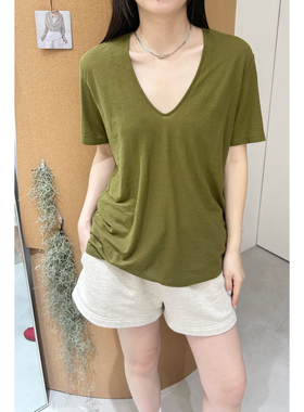 MACQNF品质宽松时尚100%纯棉深V领显瘦T恤显白军绿色短袖MQ25163