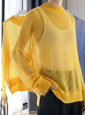 MACQNF40%马海毛微透蝙蝠袖意境套头毛衣MQ78221靓黄色老钱风