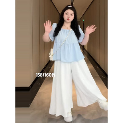 大码胖妹妹方领泡泡袖衬衫阔腿裤两件套女夏季显瘦时尚减龄套装潮