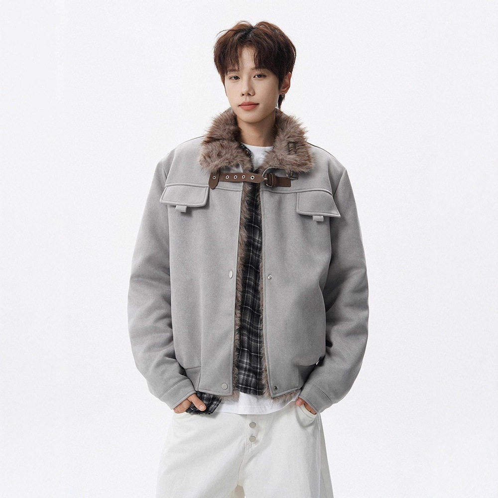 美式复古羊羔毛翻领外套男冬季加绒加厚保暖宽松麂皮绒机车风棉服
