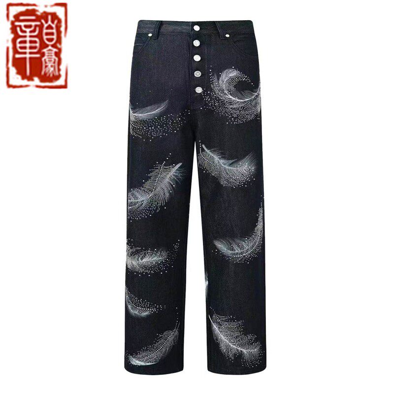 【章自豪】Orison Morgana 羽落幻影羽毛水钻烫钻牛仔裤休闲长裤