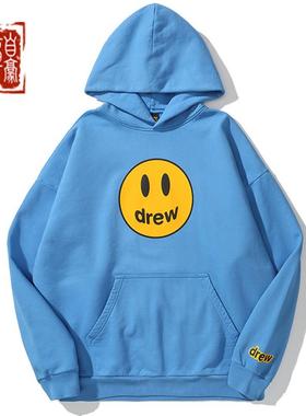 章自豪 Drew house mascot 蓝色笑脸印花宽松帽衫春秋季连帽卫衣