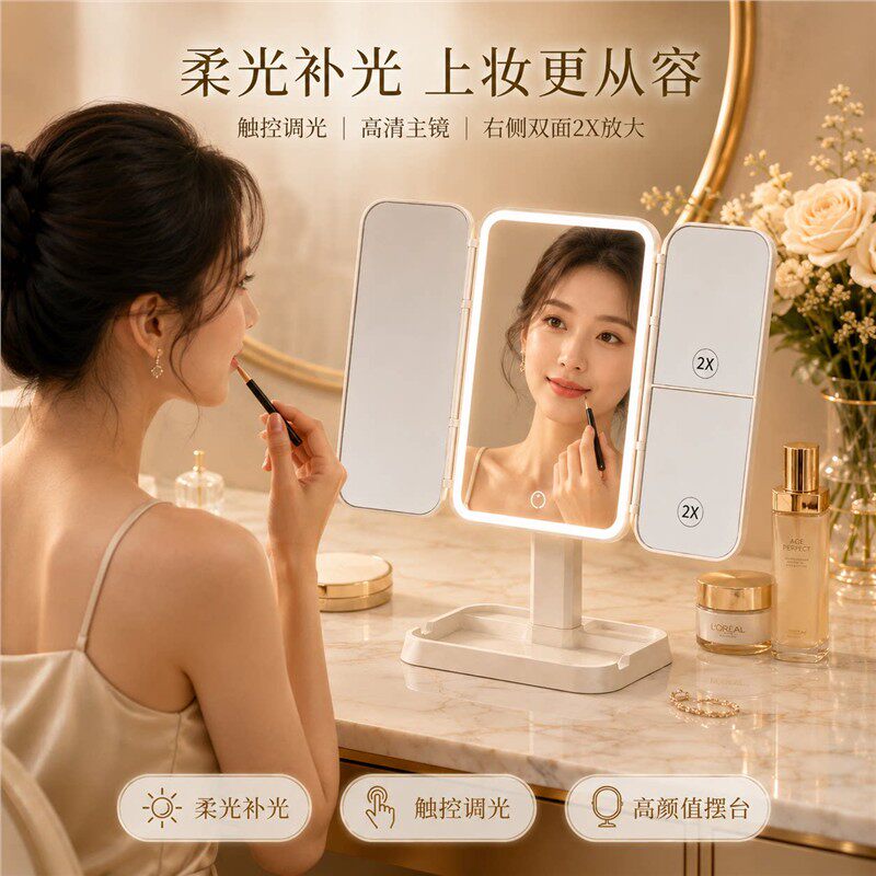 镜子化妆镜led带灯桌面台式可立三折叠家用学生宿舍放大梳妆美妆