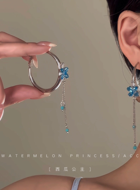 「圈圈蓝蝶」大圈圈耳环女高级感流苏圆圈蓝色蝴蝶适合夏天的耳饰