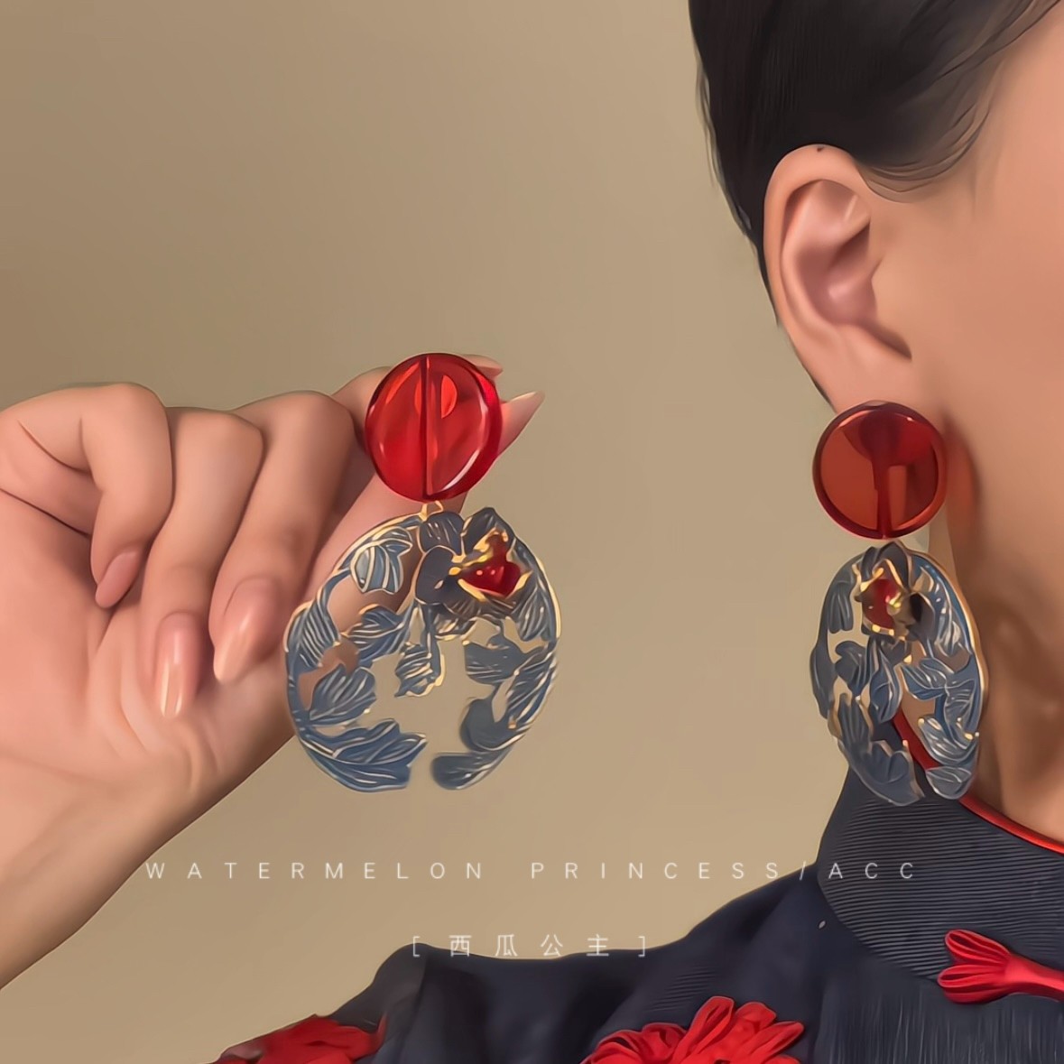 「釉蓝红花」新中式国风耳环女古风高级感婚礼旗袍汉服秀禾服耳饰