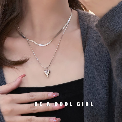 钛钢女双层项链爱心蛇骨链