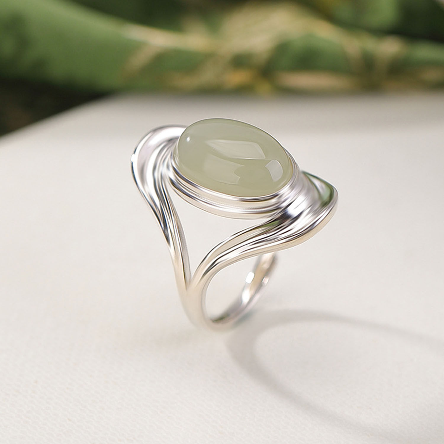 复古镂空椭圆蛋面戒指女款新中式时尚淡青雅韵个性活口可调指戒子