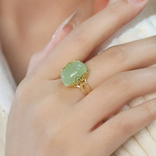 复古祥云蛋面戒指女士新中式简约文艺气质轻奢金色晴水可调节指环